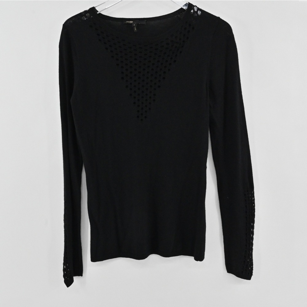 Maje Dramaturge Sweater Womens Size M Black Merino Cashmere Eyelet Knit Top